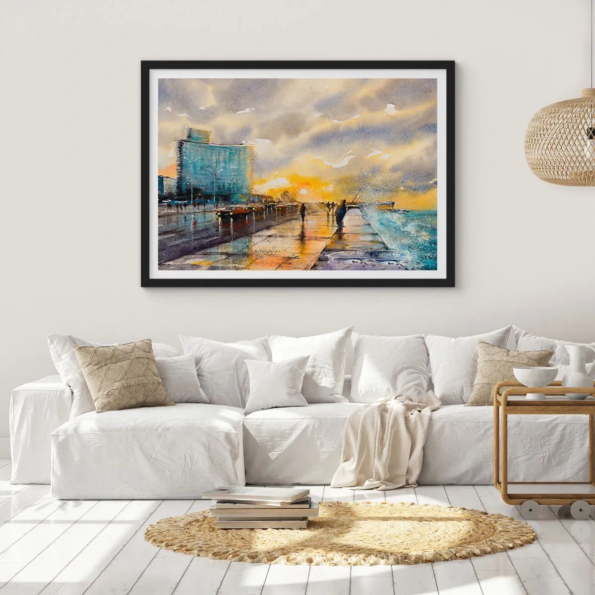 Affiche dans un cadre noir - Poster - Une vue pittoresque de la promenade en bord de mer au coucher du soleil - 70x50cm - La vie sur le rivage - Décoration murale moderne pour le salon et la chambre ARTTOR