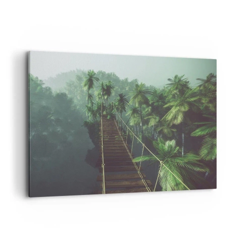 Impression sur toile - Image sur toile - Un pont suspendu dans une forêt tropicale entourée de brouillard. - 100x70cm - Au fil de la verdure - Décoration murale moderne pour le salon et la chambre ARTTOR