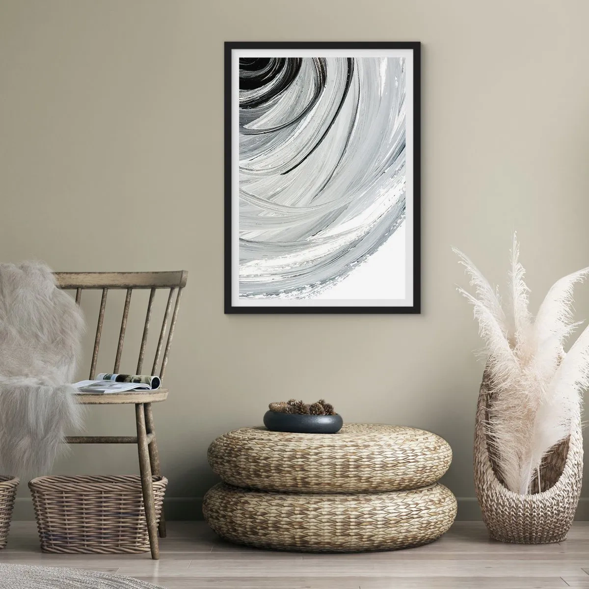Affiche dans un cadre noir - Poster - Abstraction dynamique dans les tons de noir, blanc et gris - 50x70cm - Composition orbitale - Décoration murale moderne pour le salon et la chambre ARTTOR