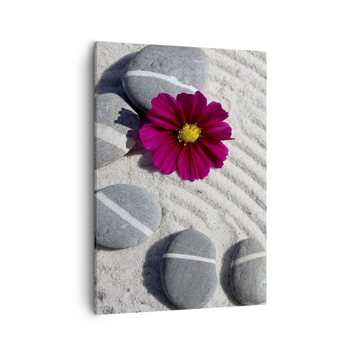 Impression sur toile - Image sur toile - Des pierres et une fleur rose sur le sable dans un style zen - 50x70cm - Énergie et paix du cercle magique de la nature - Décoration murale moderne pour le salon et la chambre ARTTOR