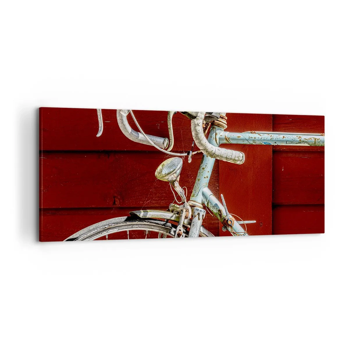 Impression sur toile - Image sur toile - Un vélo vintage contre un mur en bois rouge - 120x50cm - Construit pour la victoire - Décoration murale moderne pour le salon et la chambre ARTTOR