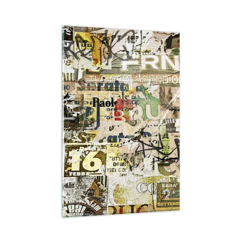 Impression sur verre - Image sur verre - Un collage de fragments de journaux et d'affiches dans un style artistique. - 80x120cm - Oh, il se passe quelque chose... - Décoration murale moderne pour le salon et la chambre ARTTOR