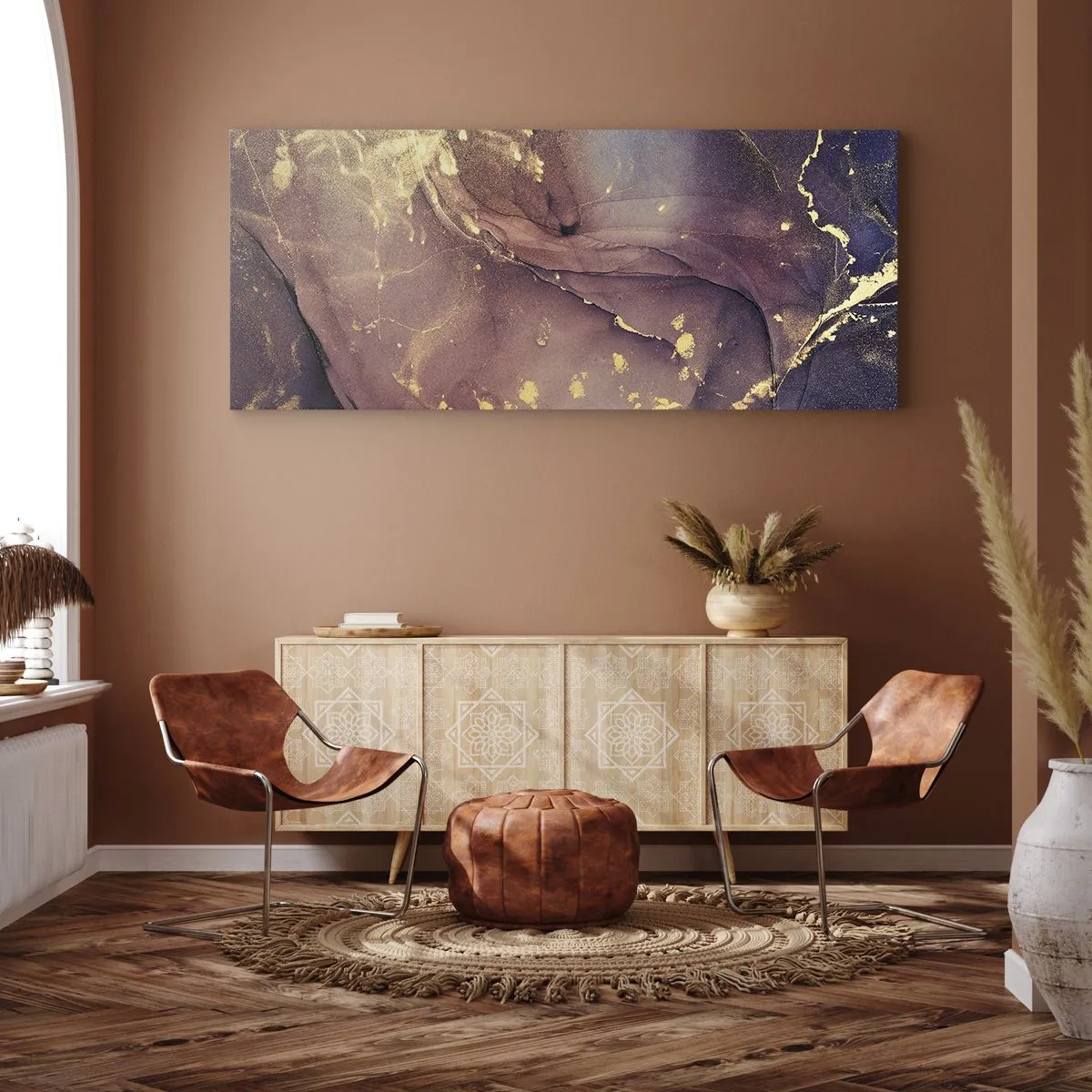Impression sur toile - Image sur toile - Composition abstraite aux nuances d'or et de violet - 160x50cm - Matière et esprit - Décoration murale moderne pour le salon et la chambre ARTTOR