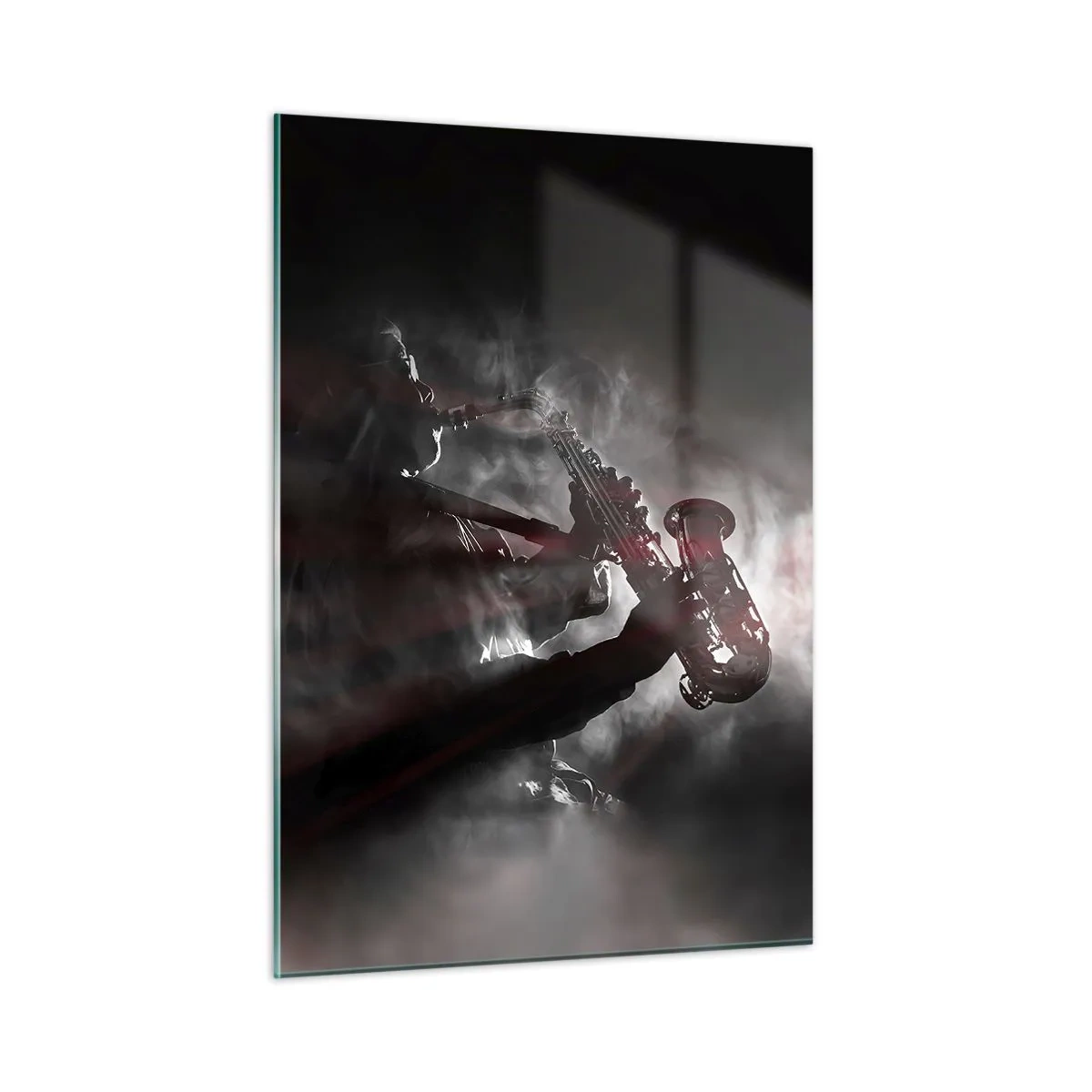 Impression sur verre - Image sur verre - Saxophoniste dans un nuage de fumée en noir et blanc - 50x70cm - Dans les brumes du jazz - Décoration murale moderne pour le salon et la chambre ARTTOR