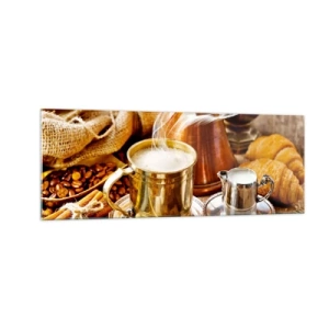 Impression sur verre - Image sur verre - Une tasse de café dorée entourée de grains, de cruches et de croissants - 140x50cm - Bonne journée! - Décoration murale moderne pour le salon et la chambre ARTTOR