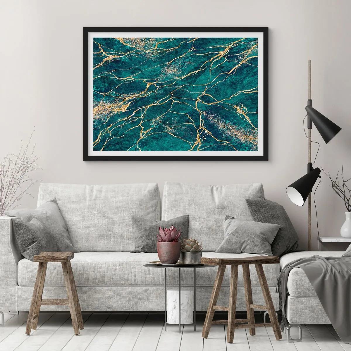 Affiche dans un cadre noir - Poster - Motif de marbre texturé dans des tons turquoise et or - 100x70cm - Mine d'or - Décoration murale moderne pour le salon et la chambre ARTTOR