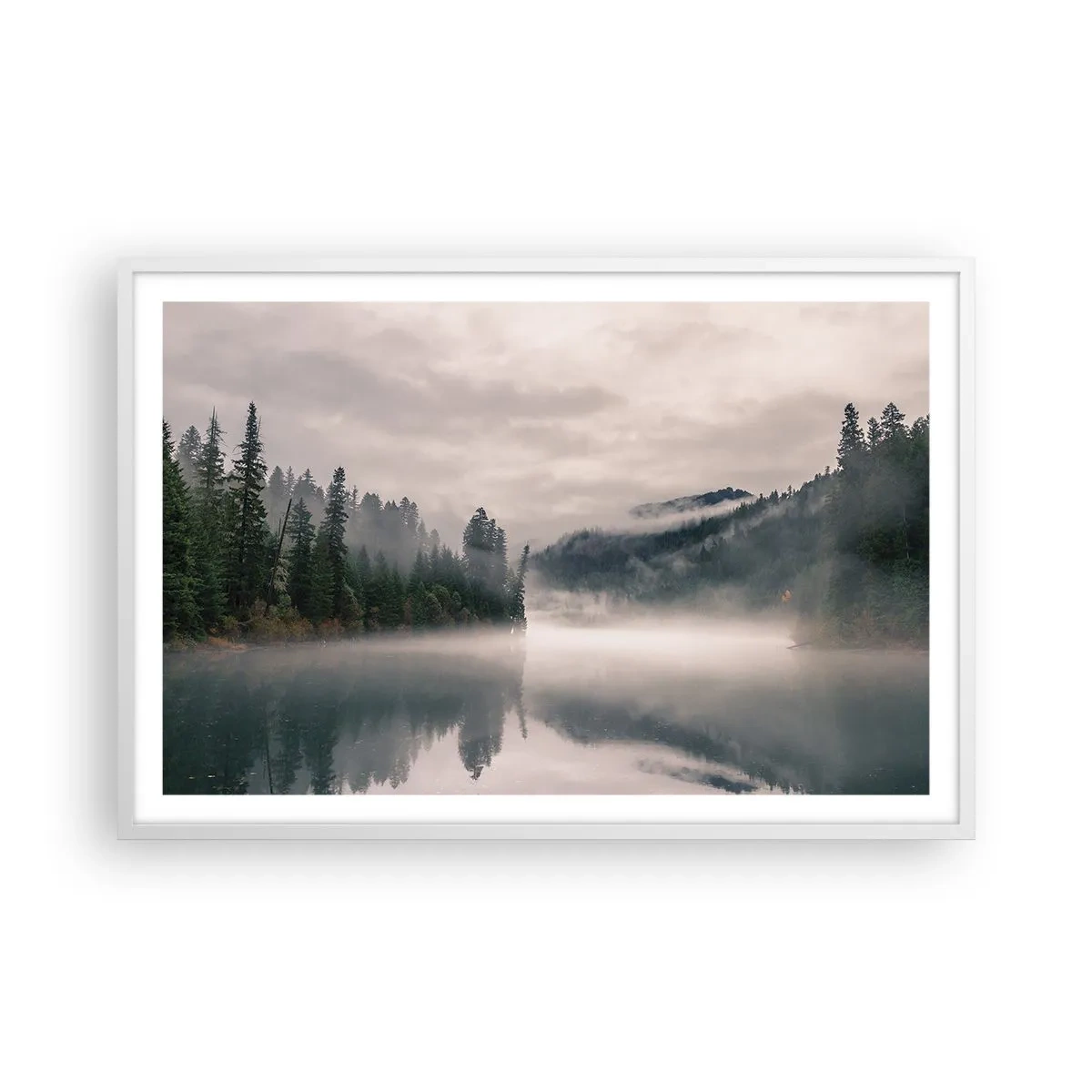 Affiche dans un cadre blanc - Poster - Reflet dans le brouillard - 91x61 cm