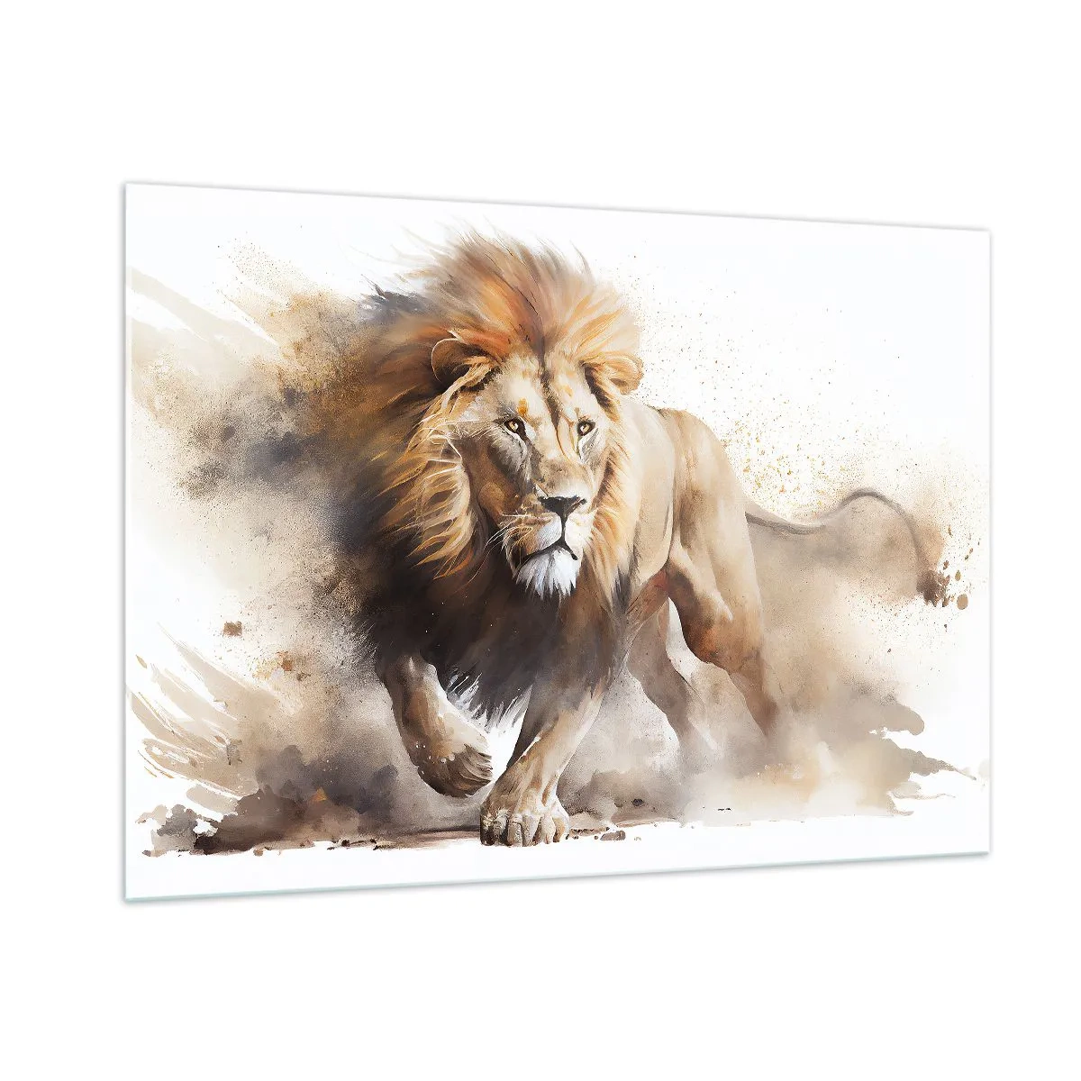 Impression sur verre - Image sur verre - Une photo dynamique de style aquarelle d'un lion en train de courir - 100x70cm - Le roi bougea - Décoration murale moderne pour le salon et la chambre ARTTOR