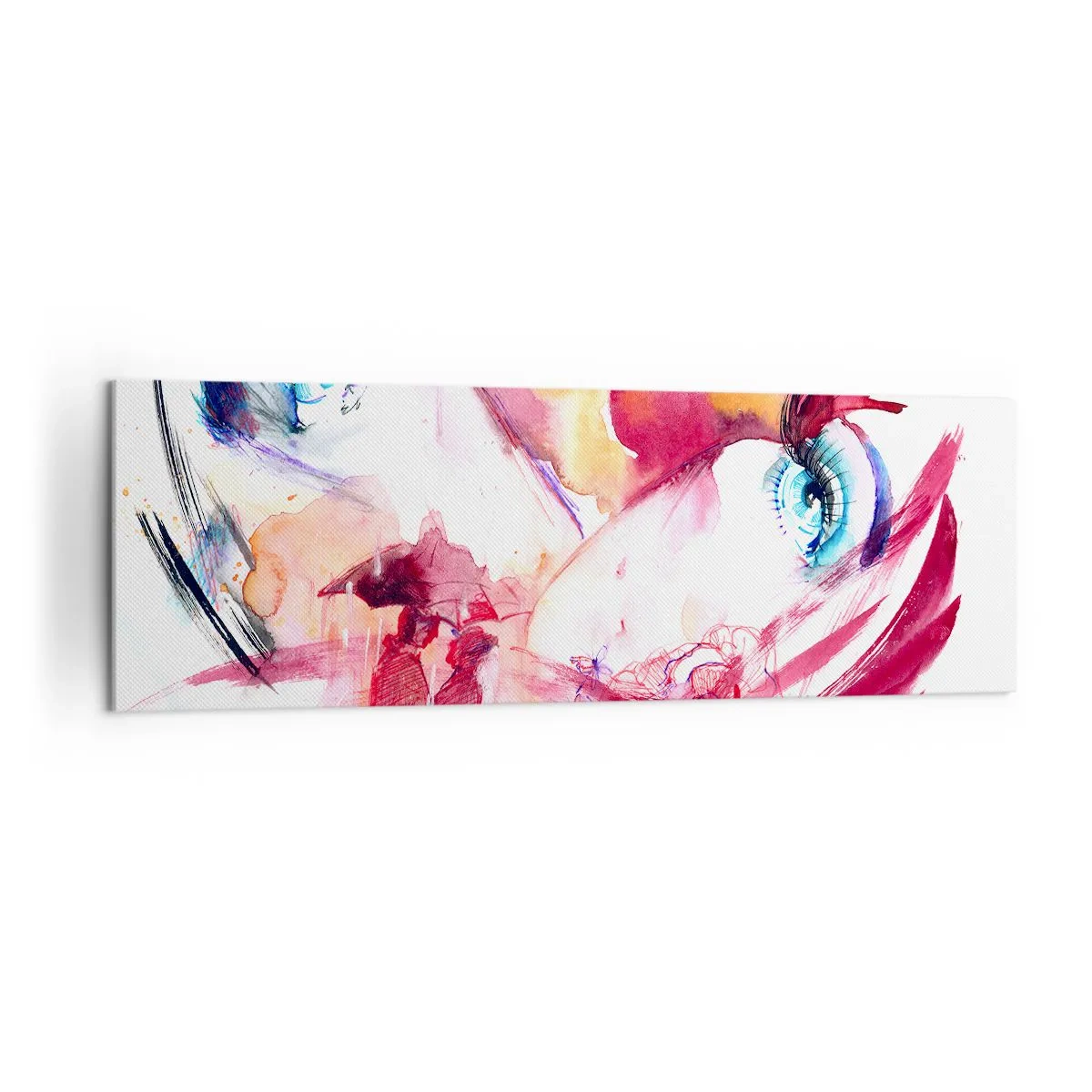 Impression sur toile - Image sur toile - Un visage abstrait avec des yeux expressifs et des accents rouges. - 160x50cm - Le monde prospère dans la proximité - Décoration murale moderne pour le salon et la chambre ARTTOR