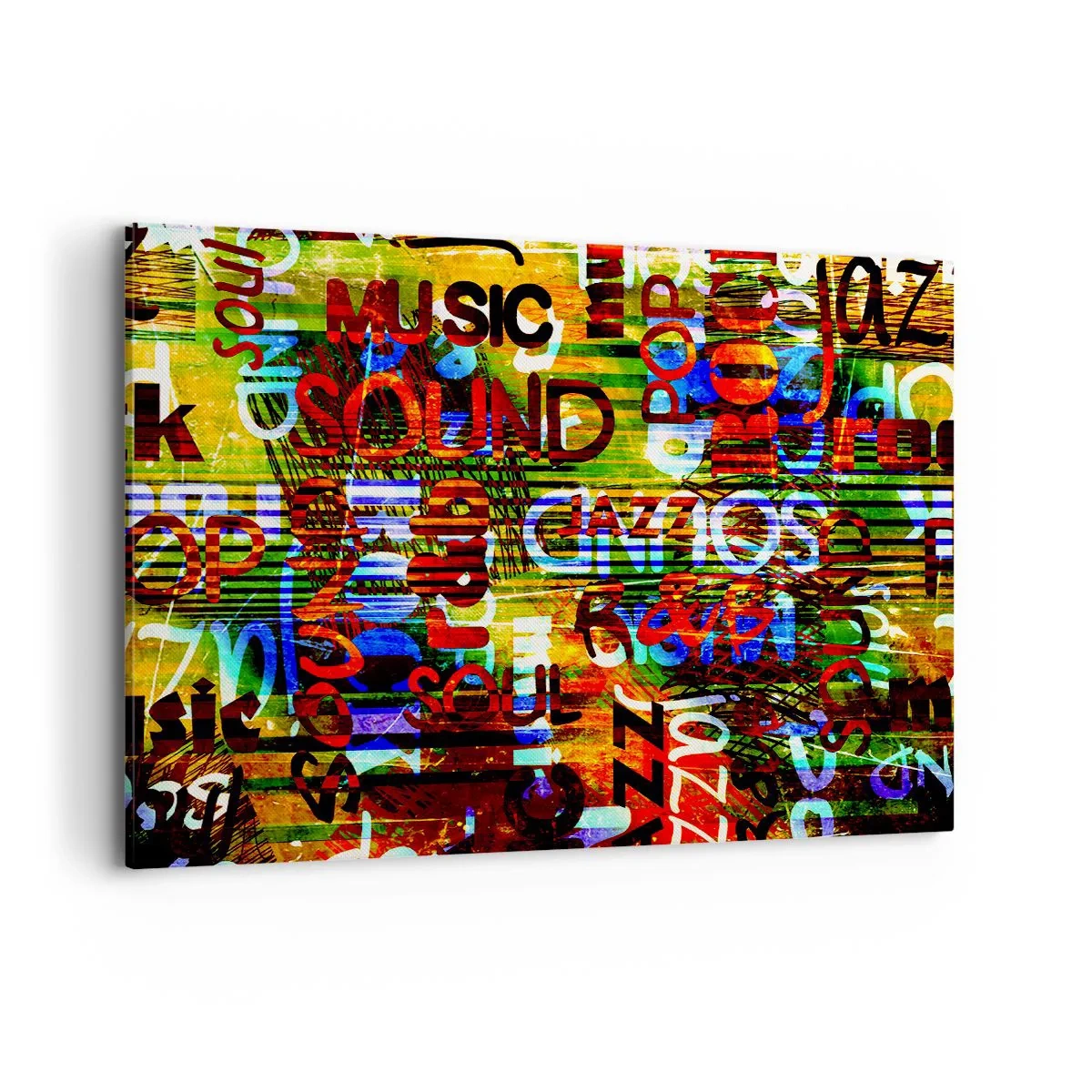 Impression sur toile - Image sur toile - Abstraction colorée avec des inscriptions musicales dans un style pop art - 120x80cm - Toutes les nuances du son - Décoration murale moderne pour le salon et la chambre ARTTOR
