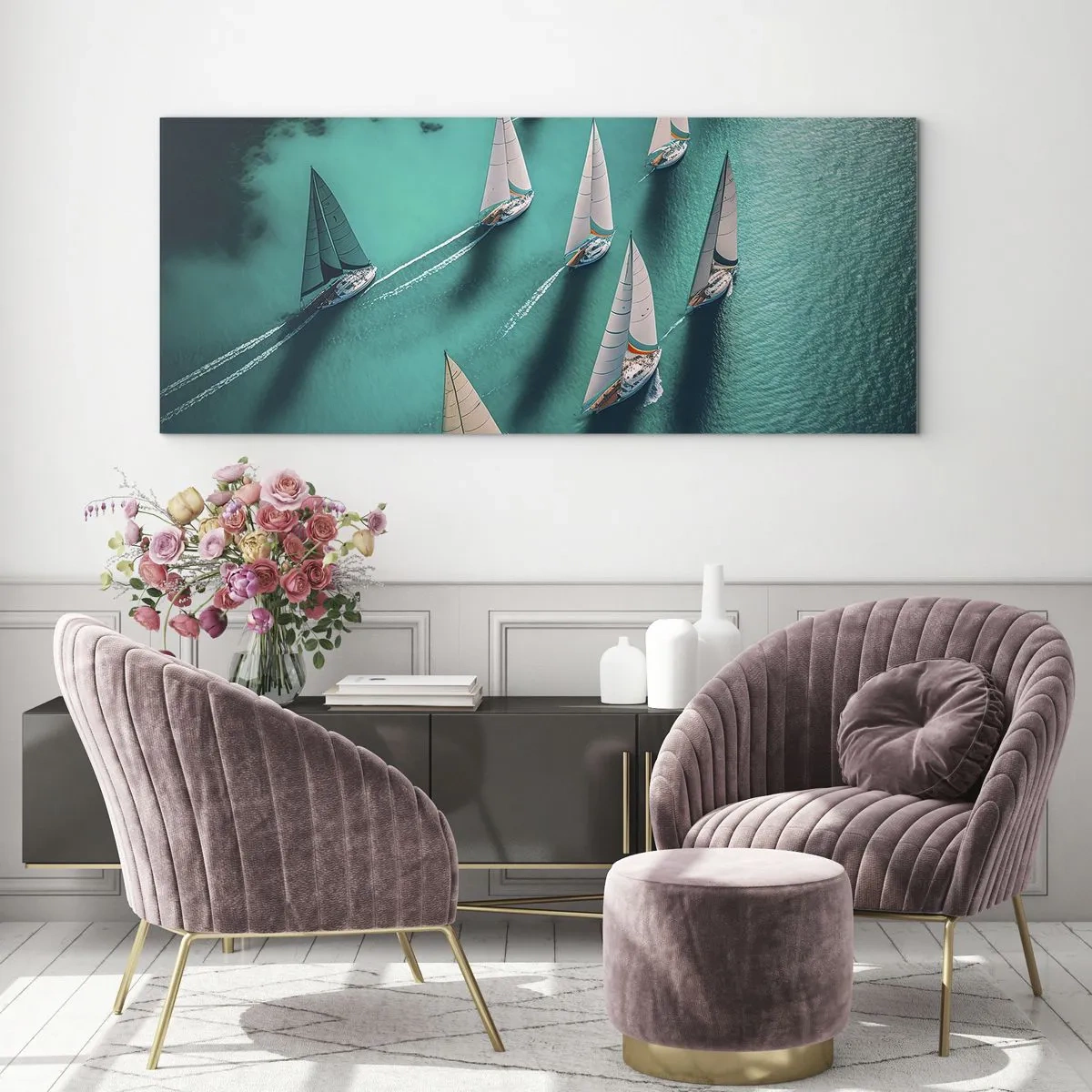 Impression sur verre - Image sur verre - Yachts sur l'eau turquoise en mouvement dynamique - 160x50cm - Dans une compétition avec le vent - Décoration murale moderne pour le salon et la chambre ARTTOR