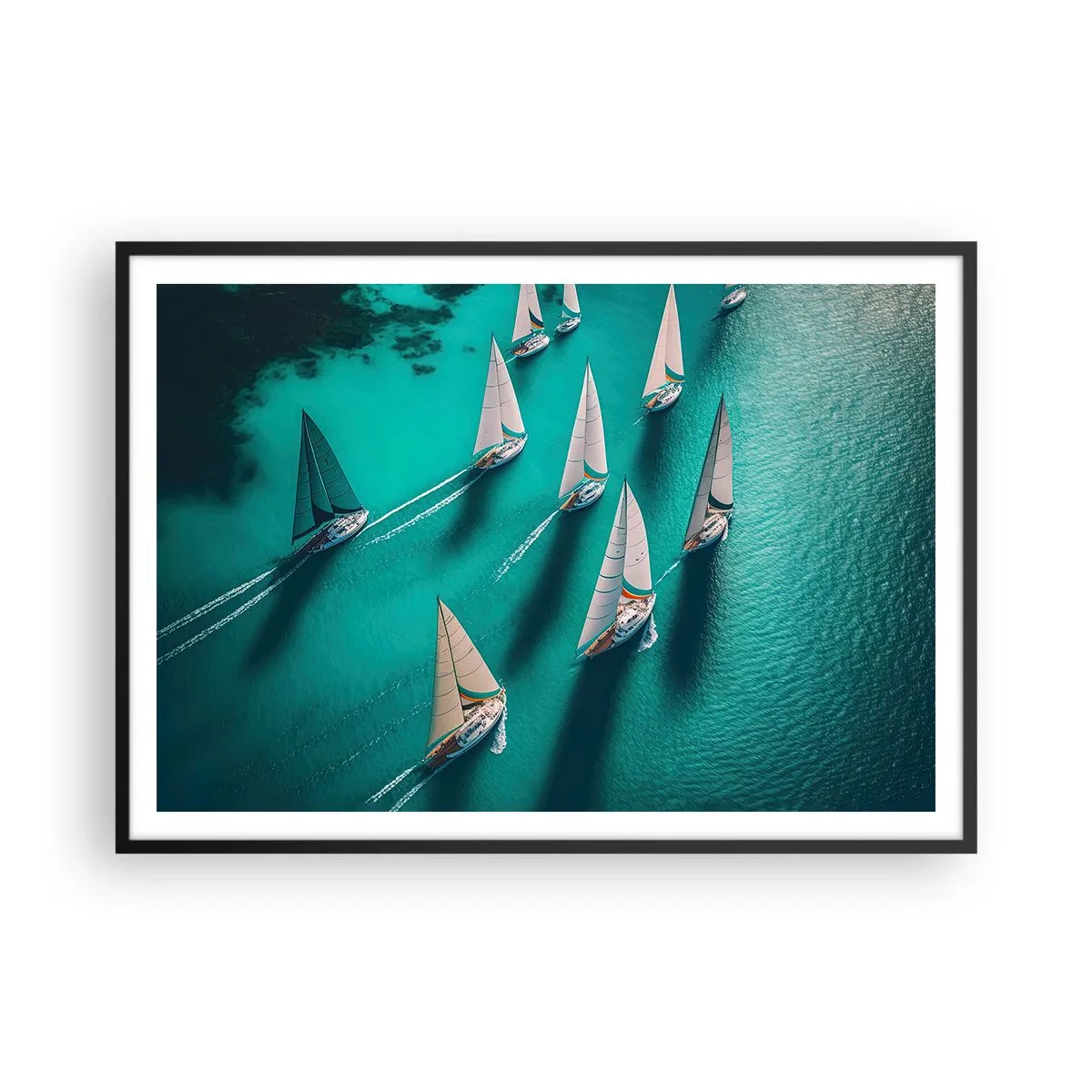 Affiche dans un cadre noir - Poster - Yachts sur l'eau turquoise en mouvement dynamique - 100x70cm - Dans une compétition avec le vent - Décoration murale moderne pour le salon et la chambre ARTTOR