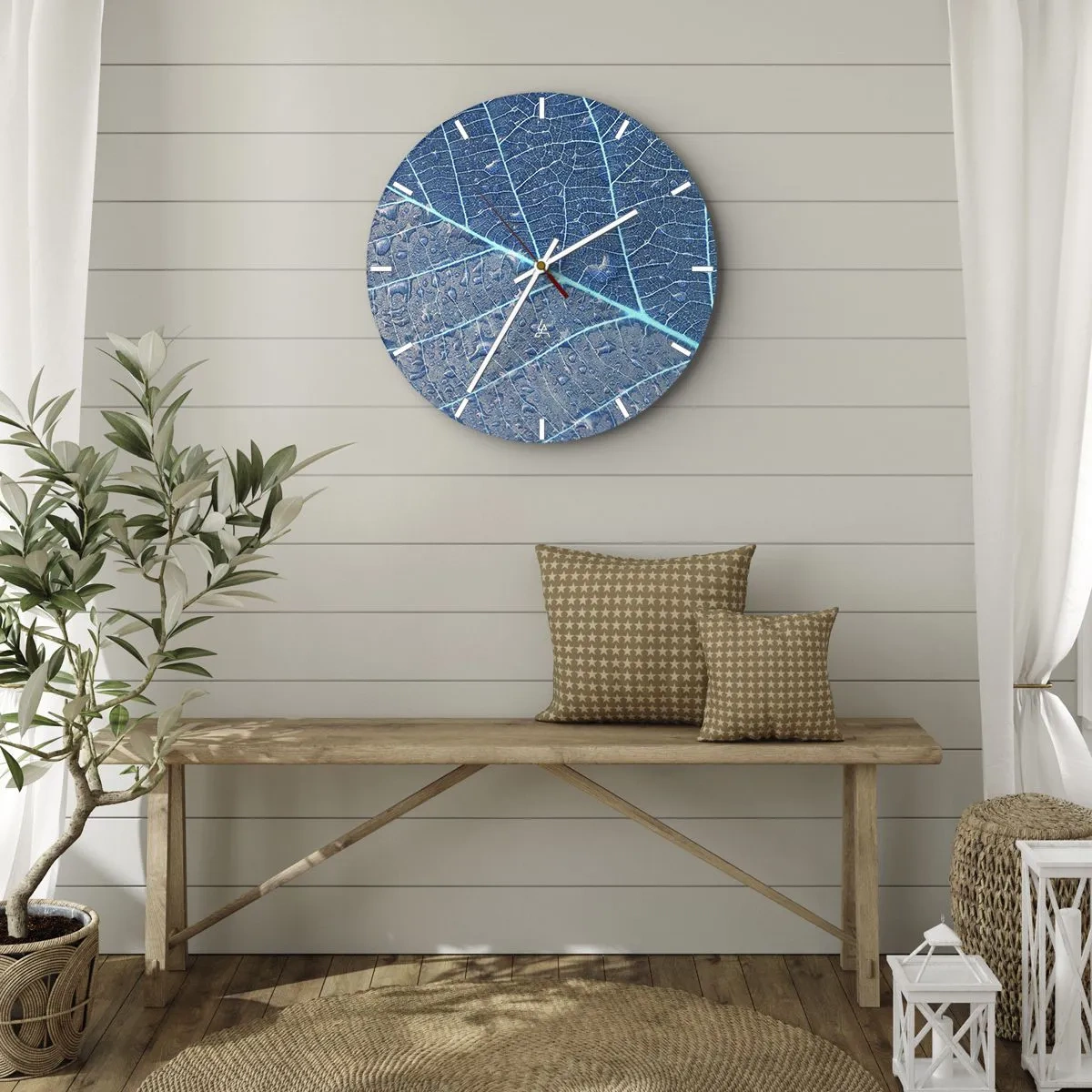 Horloge murale - Pendule murale - Structure des feuilles dans les tons de bleu et de gris - 30x30cm - La vie en bleu - Décoration murale moderne pour le salon, la cuisine et la chambre ARTTOR