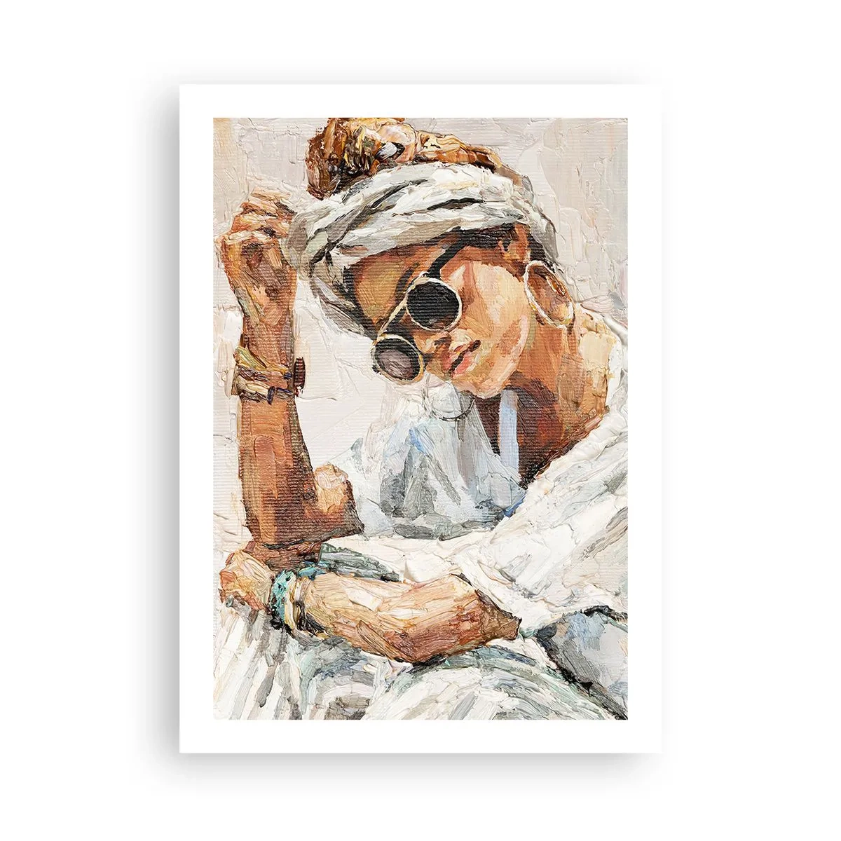 Affiche - Poster - Portrait d'une femme avec des lunettes et un turban dans le style impressionniste - 50x70cm - Portrait en plein soleil - Décoration murale moderne pour le salon et la chambre ARTTOR