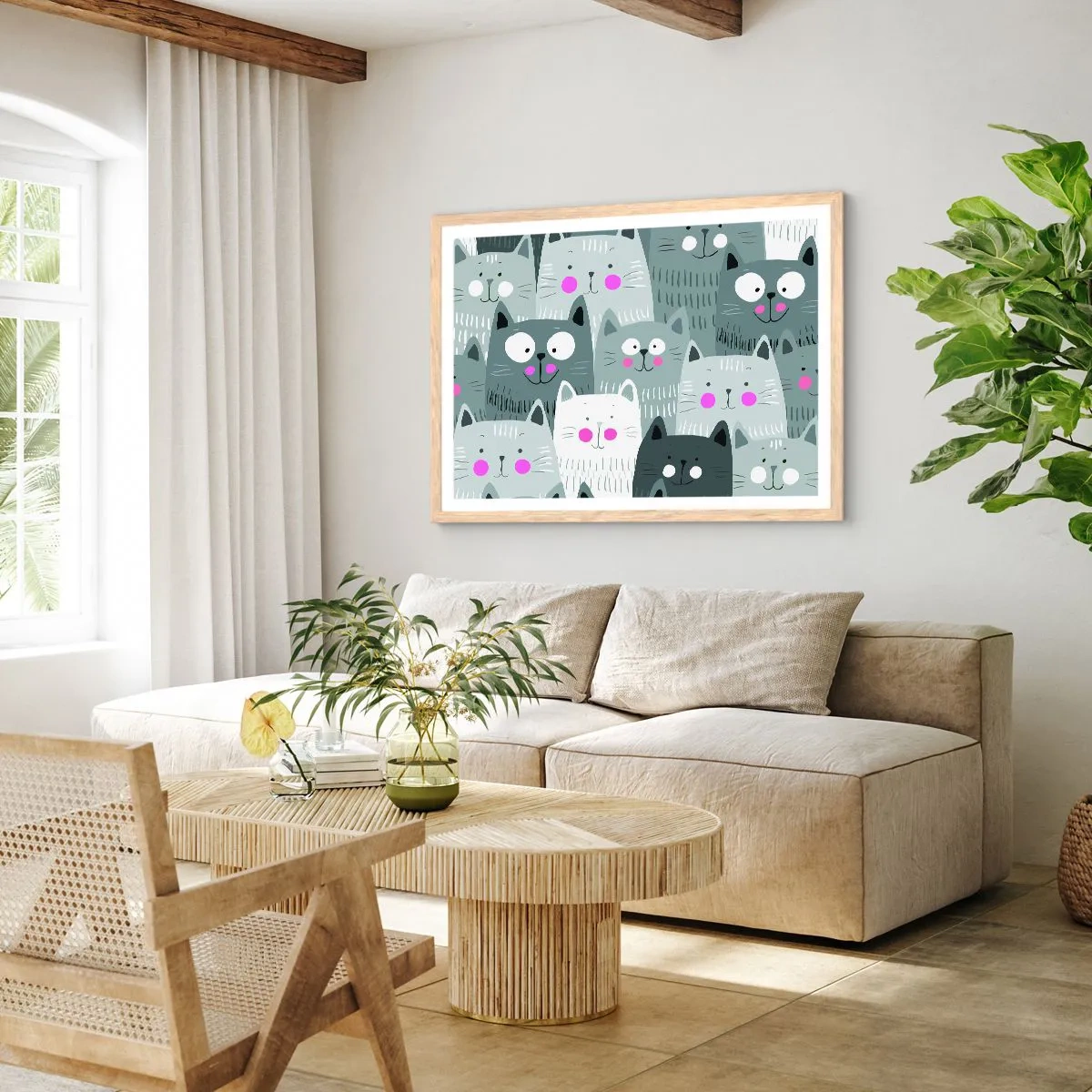 Affiche dans un chêne clair - Poster - Le monde des chats - 91x61 cm