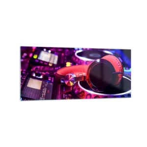 Impression sur verre - Image sur verre - Casque DJ sur une console avec éclairage néon - 120x50cm - Avant que le plaisir ne commence - Décoration murale moderne pour le salon et la chambre ARTTOR