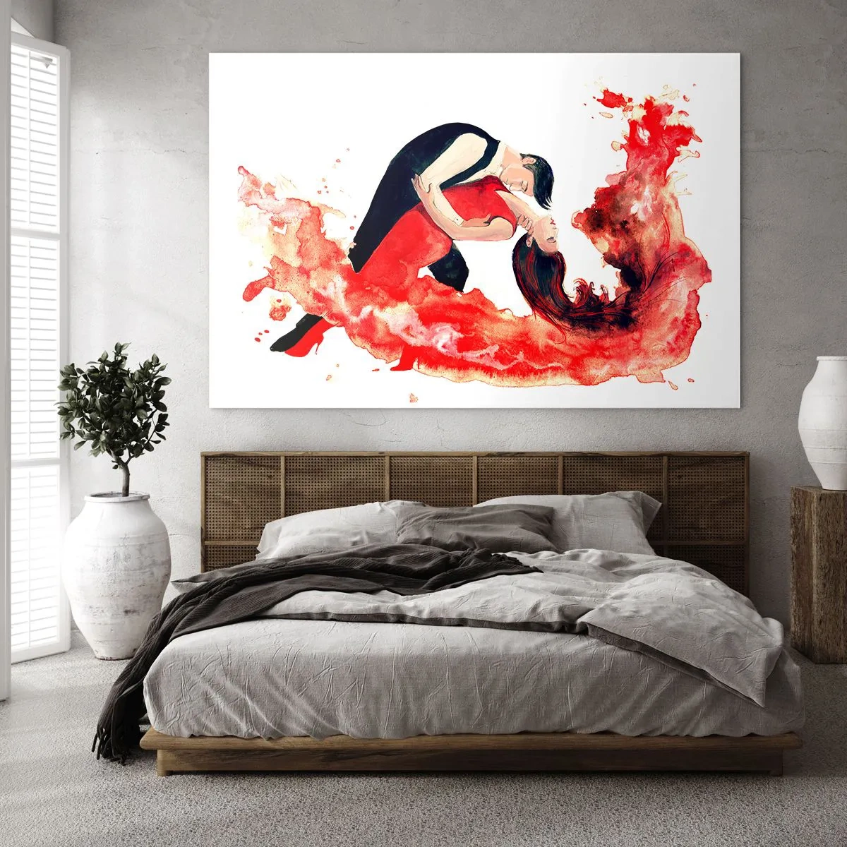 Impression sur verre - Image sur verre - Un couple dansant dans une composition dynamique à l'aquarelle rouge - 120x80cm - Tango - une vague sensuelle - Décoration murale moderne pour le salon et la chambre ARTTOR