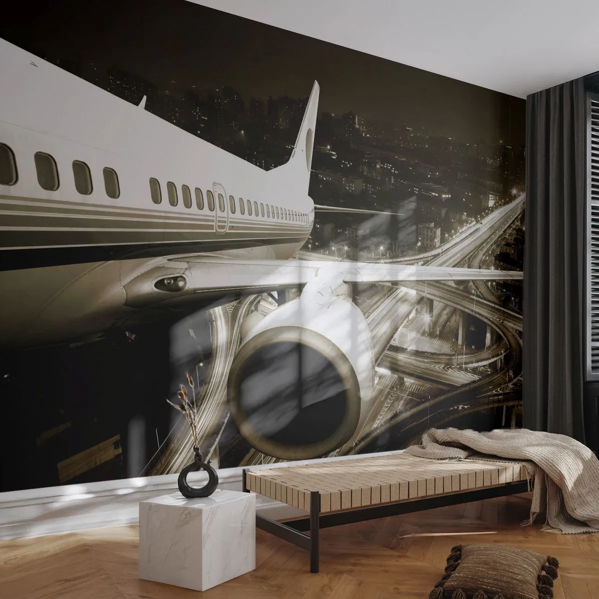 Papier Peint Photo Standard Eco - Vole dans la nuit - Avion, Ville, Automobile - 200x140 cm