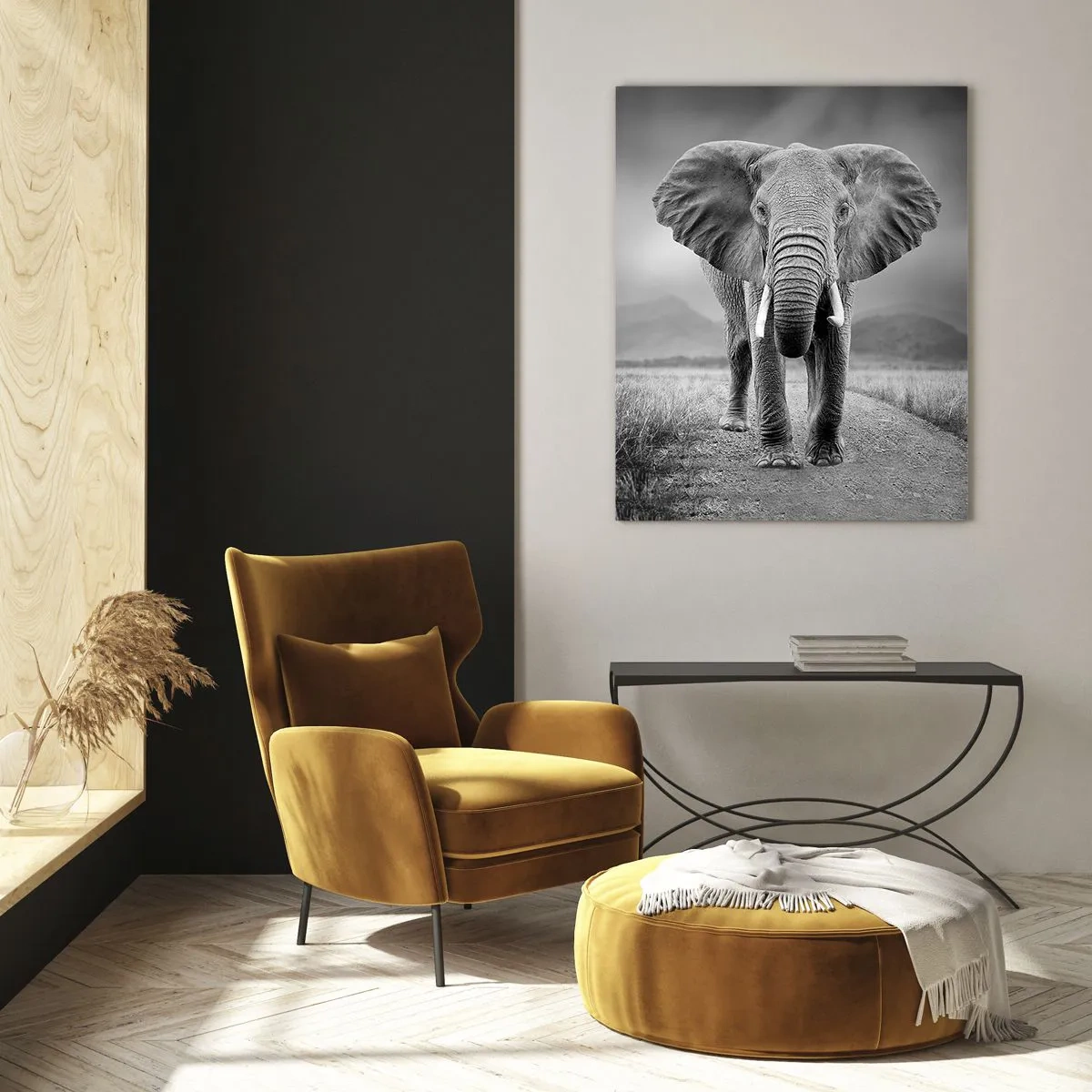 Impression sur verre - Image sur verre - Éléphant dans la savane en noir et blanc - 50x70cm - Les hôtes vous saluent - Décoration murale moderne pour le salon et la chambre ARTTOR