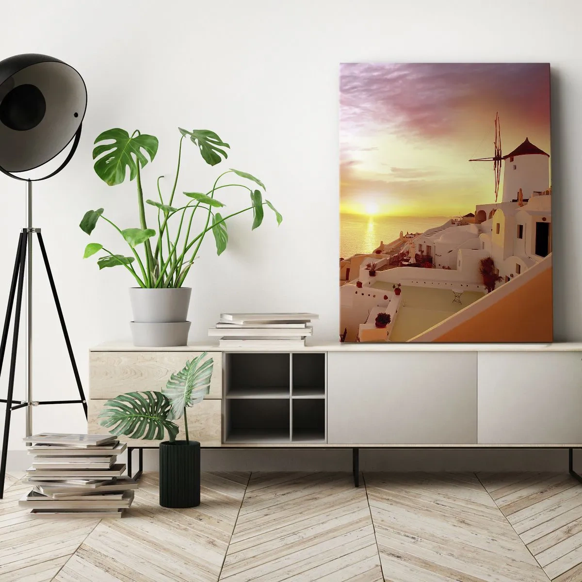 Impression sur toile - Image sur toile - Santorin au coucher du soleil avec un moulin à vent - 50x70cm - Fondre en blanc et or - Décoration murale moderne pour le salon et la chambre ARTTOR