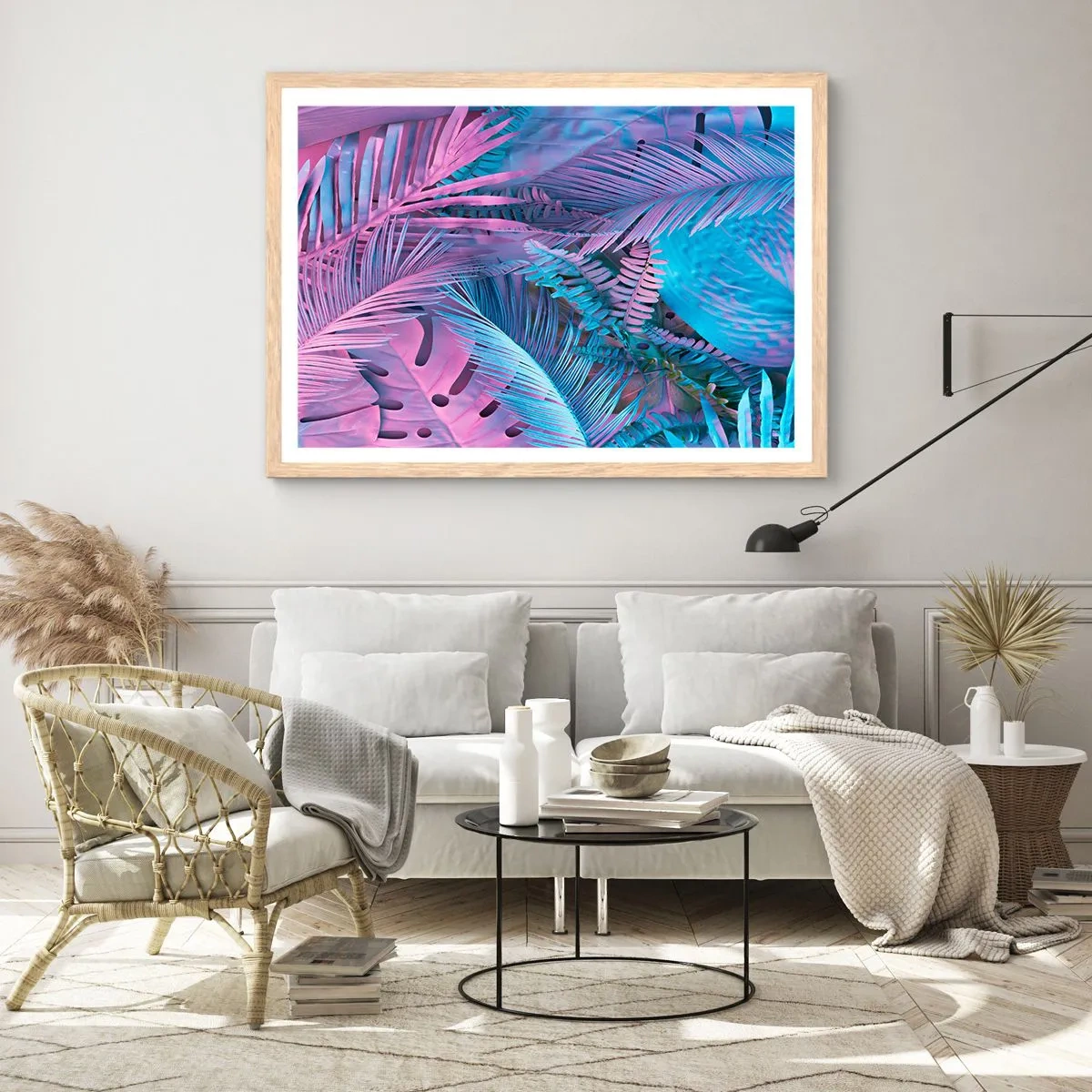 Affiche dans un chêne clair - Poster - Les tropiques en rose et bleu - 100x70 cm