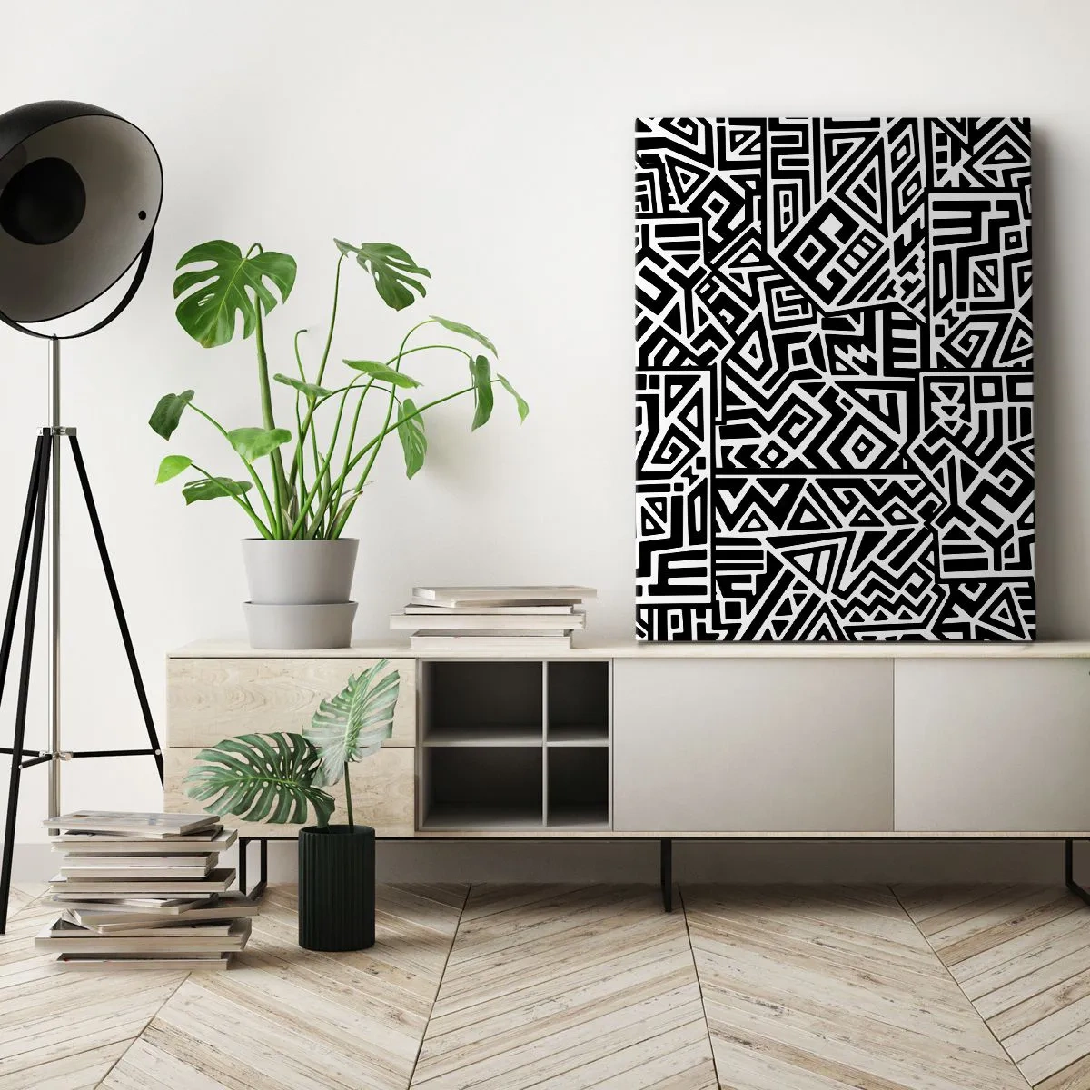 Impression sur toile - Image sur toile - Motifs géométriques noirs et blancs inspirés de la culture précolombienne - 70x100cm - Composition précolombienne - Décoration murale moderne pour le salon et la chambre ARTTOR