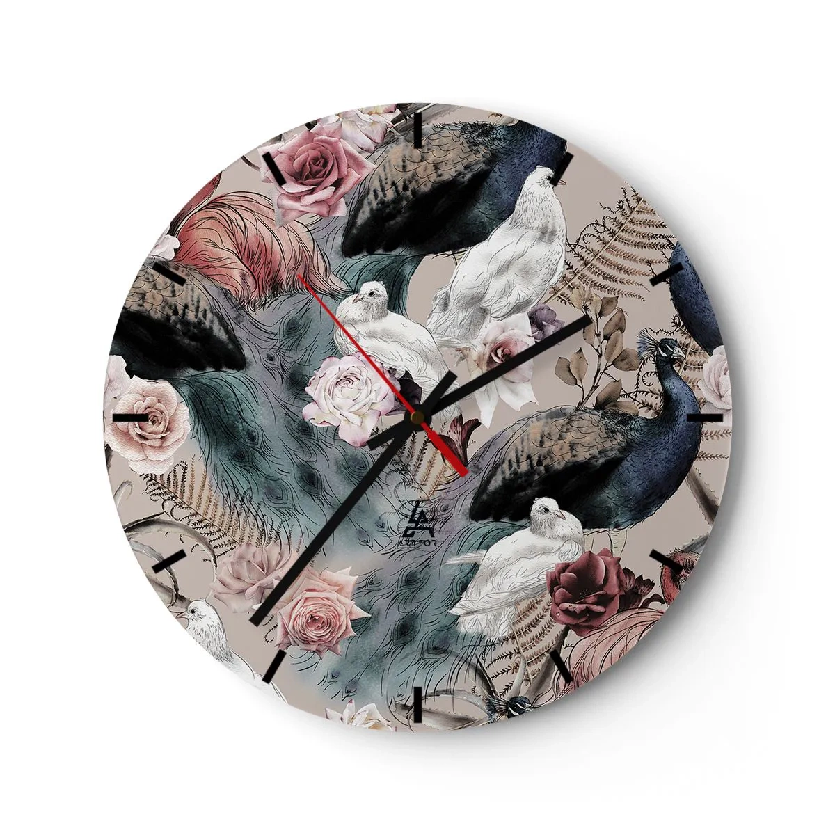 Horloge murale - Pendule murale - Paon et oiseaux blancs parmi des fleurs sur fond beige - 30x30cm - Dans un jardin de palace - Décoration murale moderne pour le salon, la cuisine et la chambre ARTTOR