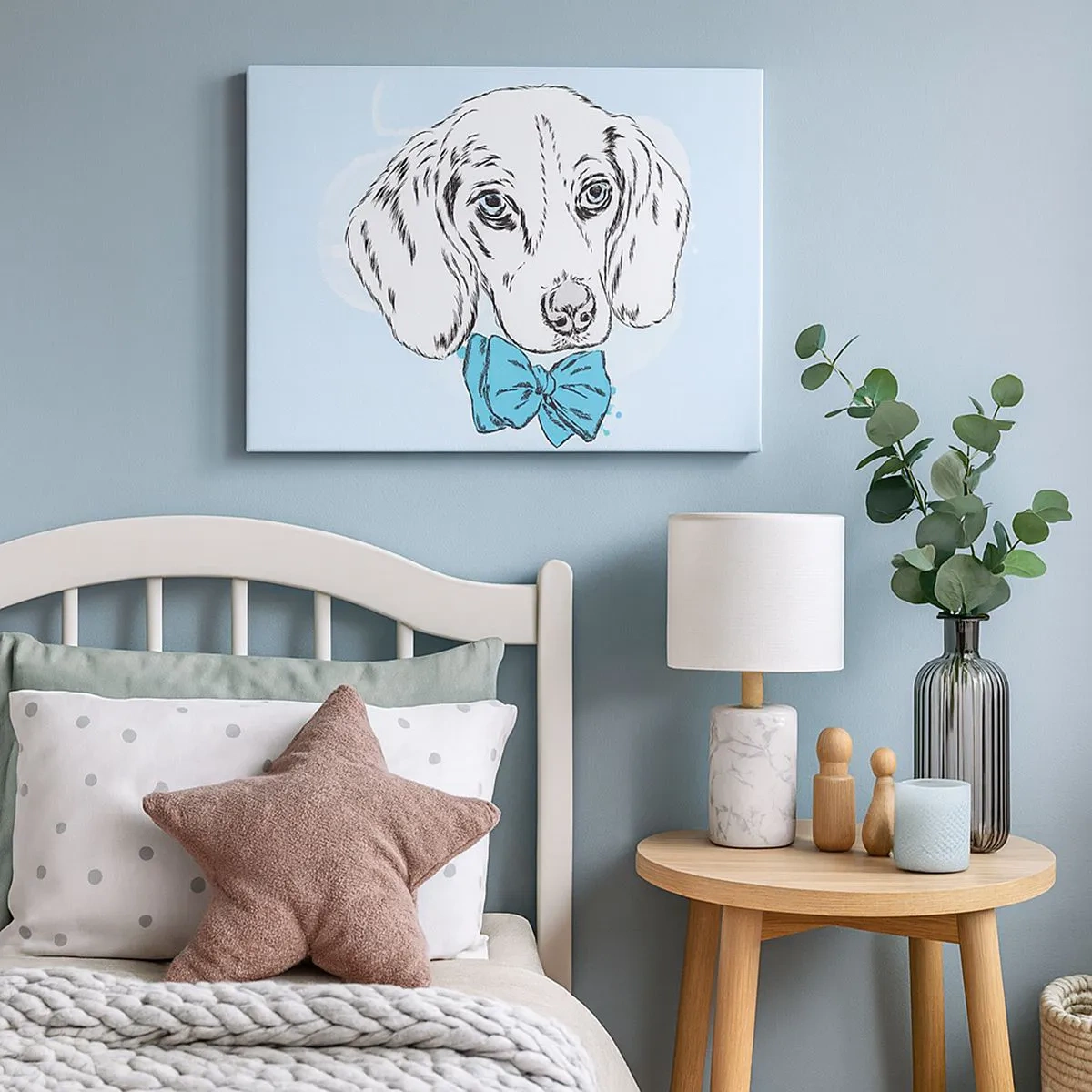 Impression sur toile - Image sur toile - Adorable graphique d'un chien avec un nœud papillon sur un fond pastel - 70x50cm - L'élégance du chien - Décoration murale moderne pour le salon et la chambre ARTTOR