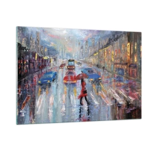 Impression sur verre - Image sur verre - Scène de ville la nuit avec pluie et lumières colorées - 120x80cm - Après-midi pluvieux en ville - Décoration murale moderne pour le salon et la chambre ARTTOR