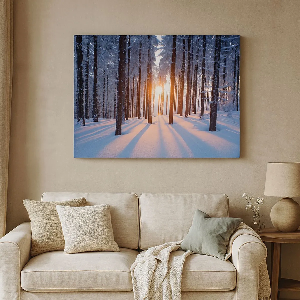 Impression sur toile - Image sur toile - Forêt d'hiver illuminée par les rayons du soleil - 70x50cm - Clairement en noir et blanc - Décoration murale moderne pour le salon et la chambre ARTTOR