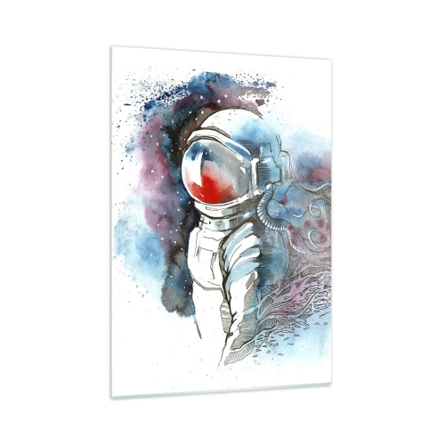Impression sur verre - Image sur verre - Astronaute dans un décor spatial aquarelle dynamique - 50x70cm - Seul avec l'espace - Décoration murale moderne pour le salon et la chambre ARTTOR