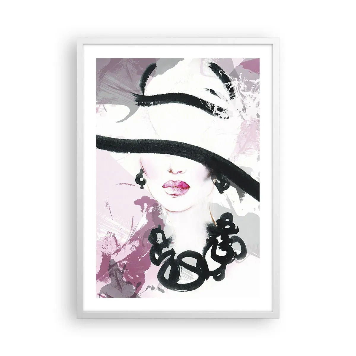 Affiche dans un cadre blanc - Poster - Portrait d'une dame en noir et rose - 50x70 cm