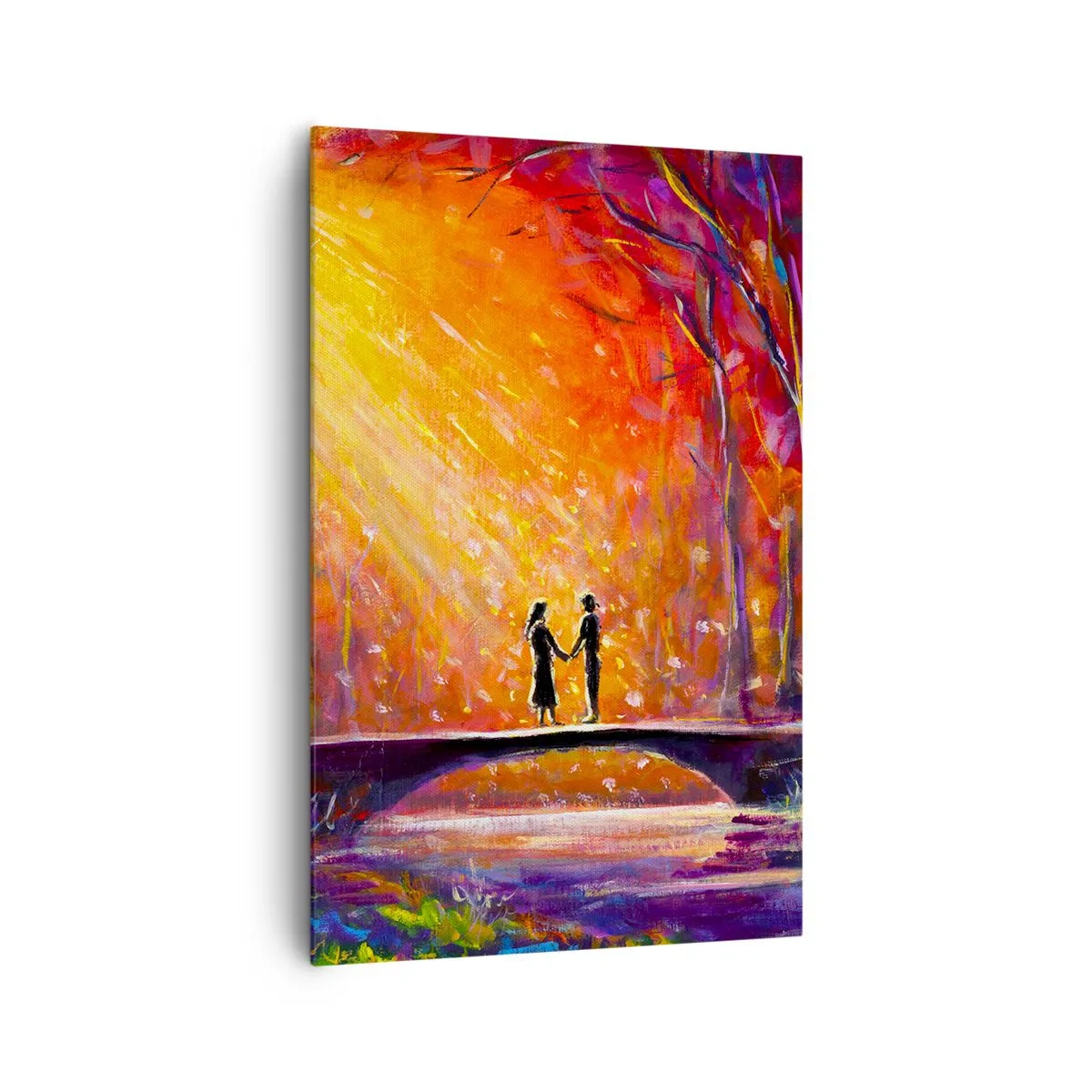 Impression sur toile - Image sur toile - Couple romantique sur un pont dans la forêt d'automne - 80x120cm - Le ciel les aime aussi - Décoration murale moderne pour le salon et la chambre ARTTOR