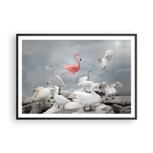 Affiche dans un cadre noir - Poster - Un flamant rose parmi des cygnes blancs sur fond de lac - 100x70cm - Comment suis-je arrivé là? - Décoration murale moderne pour le salon et la chambre ARTTOR