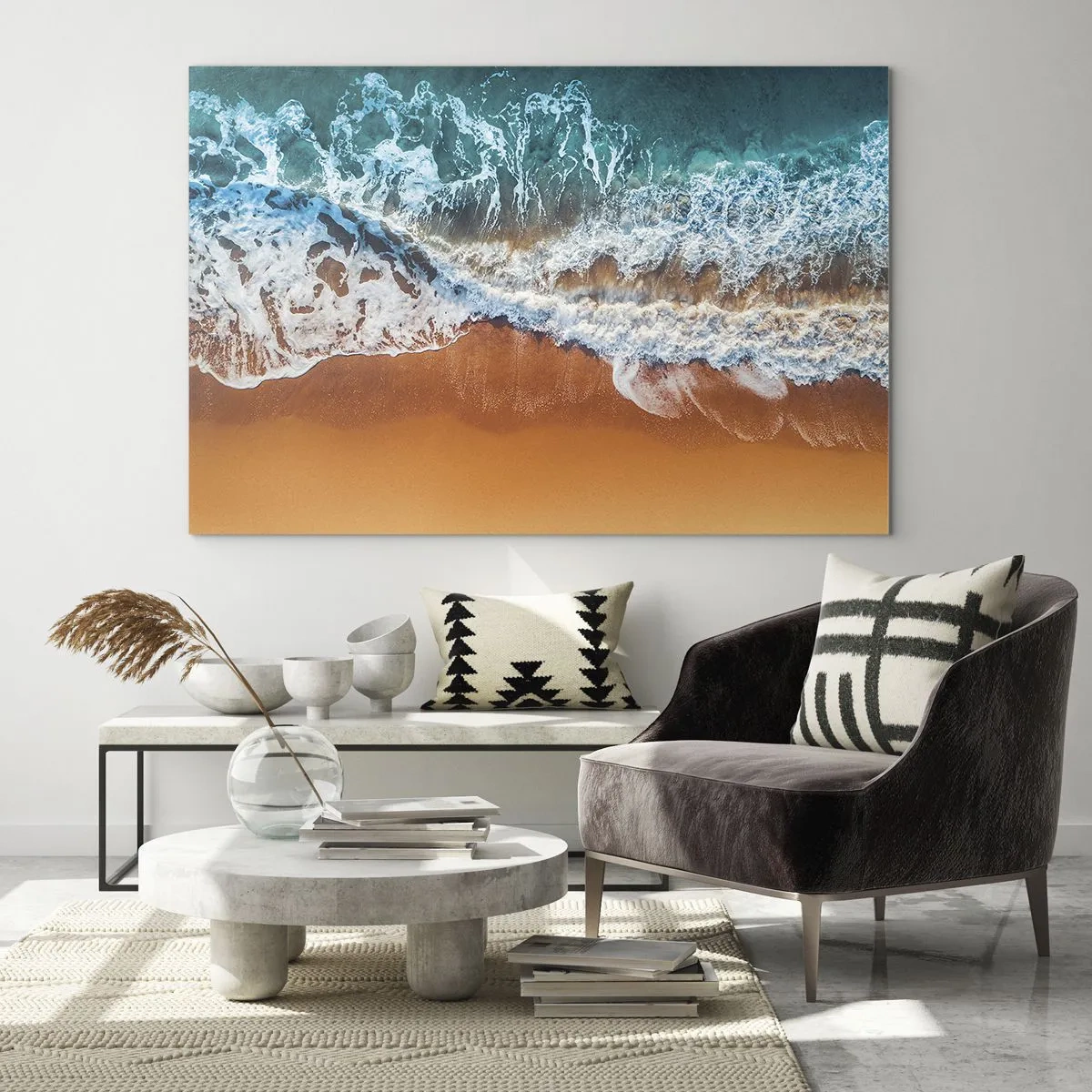 Impression sur verre - Image sur verre - Vue aérienne des vagues de l'océan s'écrasant sur le rivage - 70x50cm - Toujours ensemble - Décoration murale moderne pour le salon et la chambre ARTTOR
