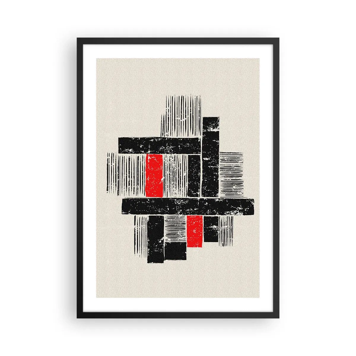 Affiche dans un cadre noir - Poster - Abstraction géométrique en noir, rouge et beige - 50x70cm - En rouge et noir - Décoration murale moderne pour le salon et la chambre ARTTOR