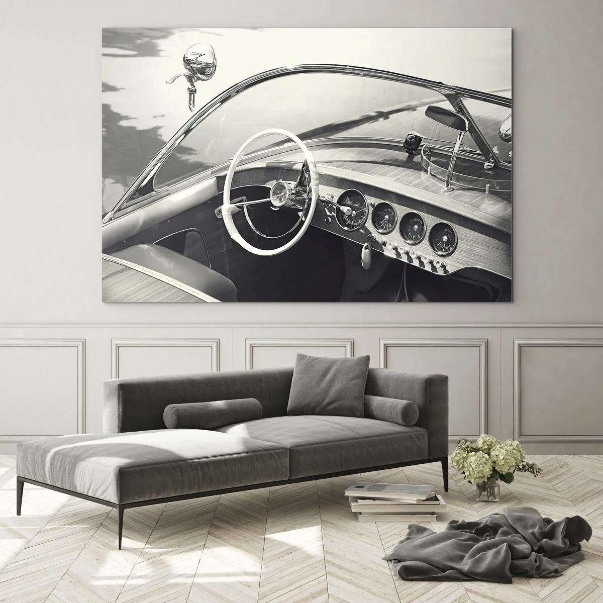 Impression sur verre - Image sur verre - Cockpit de voiture classique en noir et blanc - 70x50cm - Temps pour riche - Décoration murale moderne pour le salon et la chambre ARTTOR