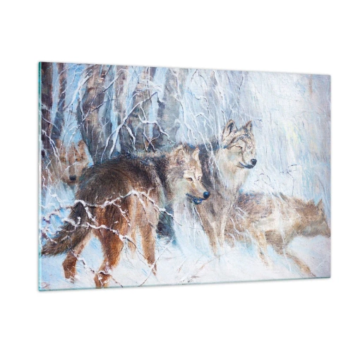 Impression sur verre - Image sur verre - Trois loups dans une forêt hivernale entourée de neige - 120x80cm - Attention! Ca arrive ... - Décoration murale moderne pour le salon et la chambre ARTTOR
