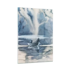 Impression sur verre - Image sur verre - Deux pêcheurs sur un bateau entourés d'un paysage brumeux - 50x70cm - Les pêcheurs dans leur paradis - Décoration murale moderne pour le salon et la chambre ARTTOR