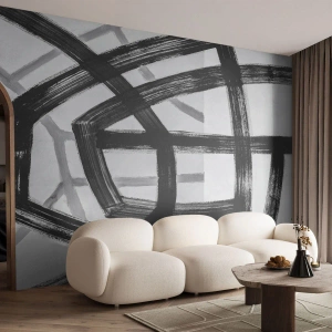 Papier Peint Photo Premium Sand - Lignes de pinceau noires créant une composition géométrique - 100x70cm - Profondeur du bâtiment - Décoration murale moderne pour le salon et la chambre ARTTOR