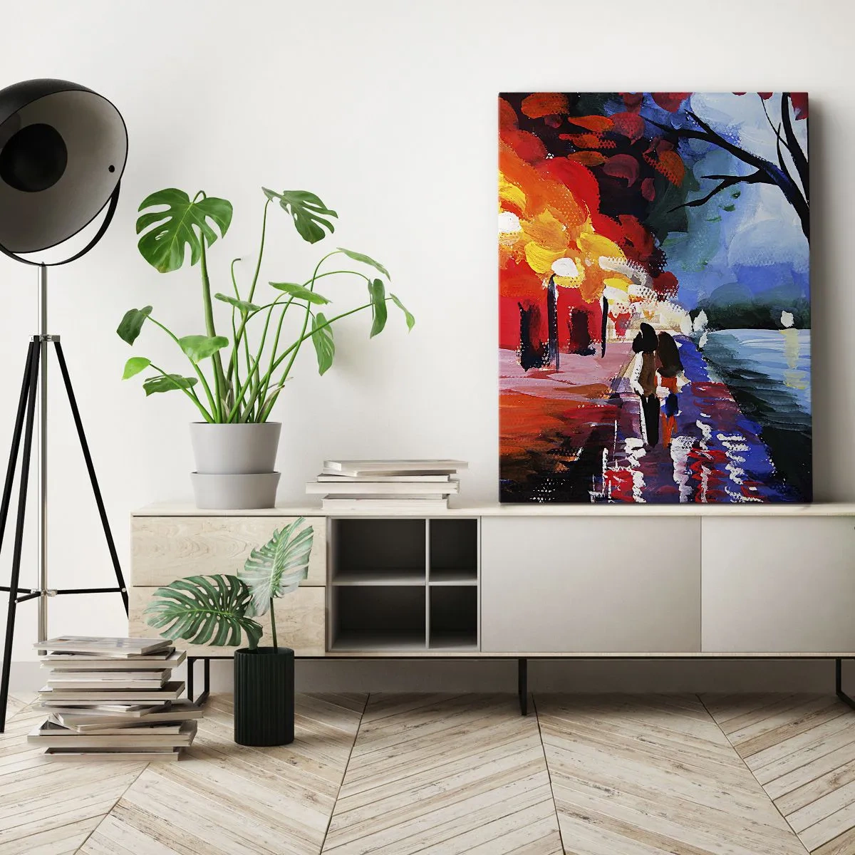 Impression sur toile - Image sur toile - Une promenade d'automne le long du sentier surplombant l'eau - 80x120cm - Automne flamboyant dans le parc - Décoration murale moderne pour le salon et la chambre ARTTOR