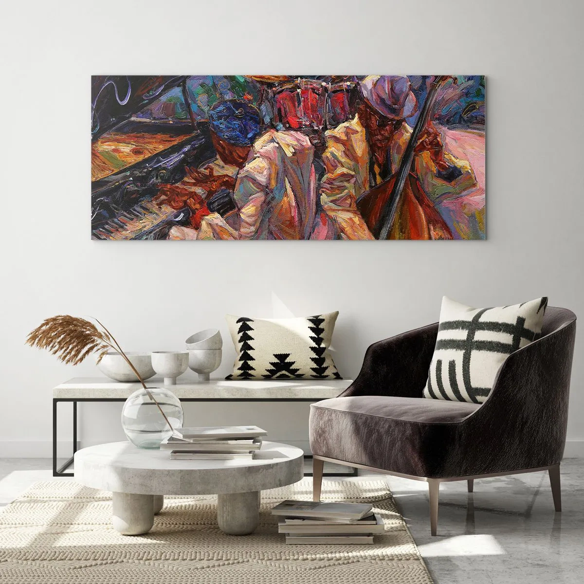 Impression sur verre - Image sur verre - Scène de jazz énergique avec musiciens et instruments - 140x50cm - Dans le même tempo - Décoration murale moderne pour le salon et la chambre ARTTOR
