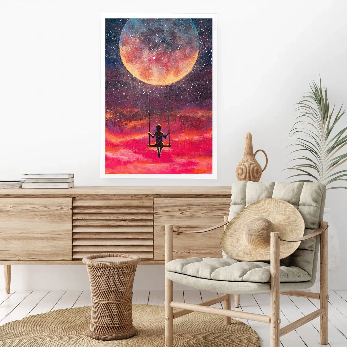 Affiche - Poster - Fille sur une balançoire sous la pleine lune - 50x70cm - Se balancer dans les nuages - Décoration murale moderne pour le salon et la chambre ARTTOR