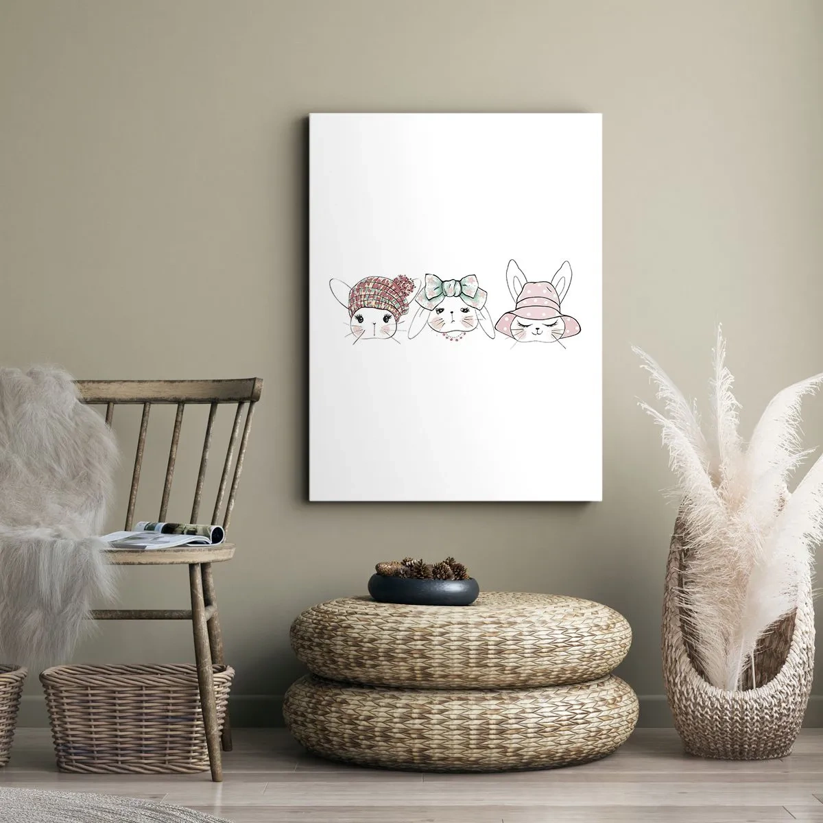 Impression sur toile - Image sur toile - Adorables lapins portant des coiffes pastel - 80x120cm - Pensif, triste, satisfait - Décoration murale moderne pour le salon et la chambre ARTTOR