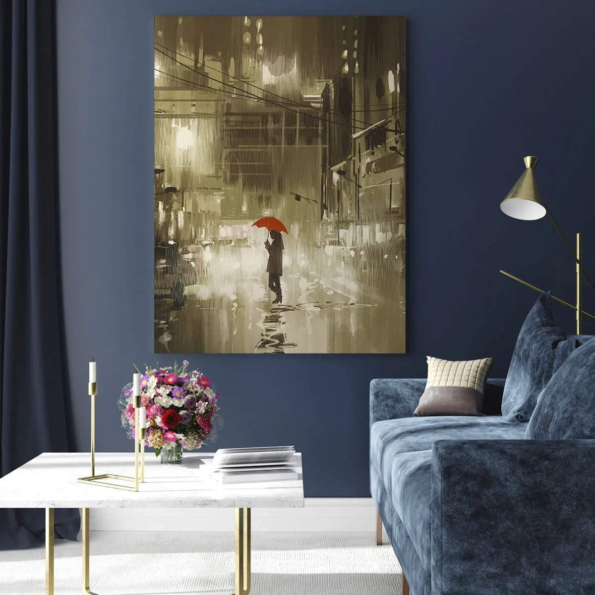Impression sur verre - Image sur verre - Une silhouette avec un parapluie rouge dans une ville pluvieuse - 80x120cm - Seule mais pas solitaire - Décoration murale moderne pour le salon et la chambre ARTTOR