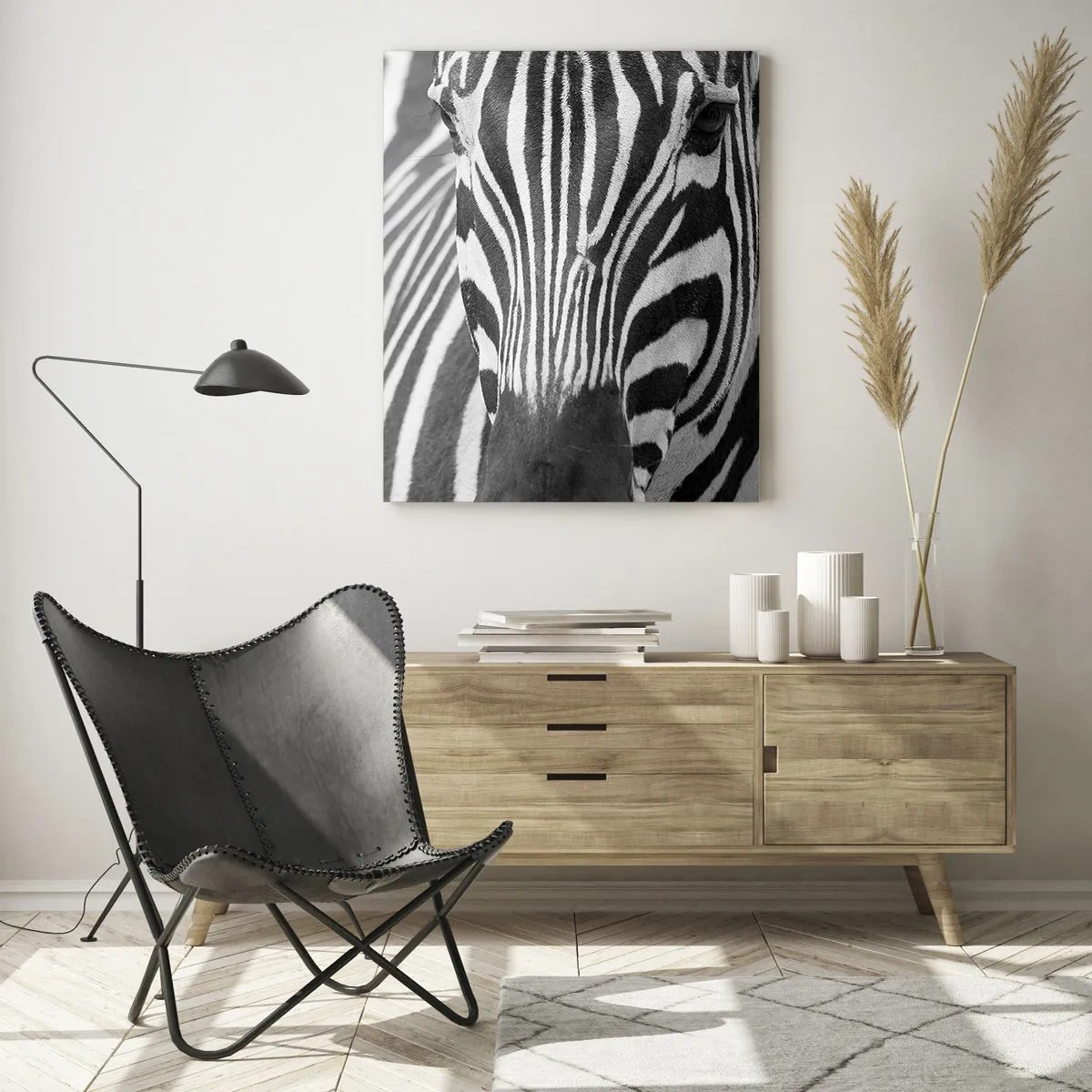 Impression sur verre - Image sur verre - Portrait noir et blanc d'un zèbre avec des rayures visibles - 50x70cm - Le monde est noir et blanc - Décoration murale moderne pour le salon et la chambre ARTTOR