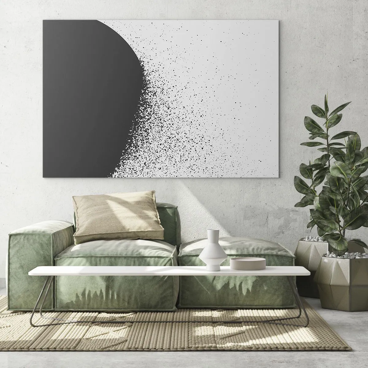 Impression sur verre - Image sur verre - Abstraction d'une masse noire en train de s'effondrer sur un fond blanc - 70x50cm - Mouvement des molécules - Décoration murale moderne pour le salon et la chambre ARTTOR