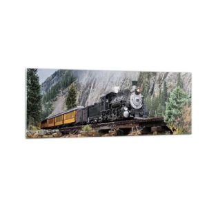 Impression sur verre - Image sur verre - Une locomotive à vapeur sur un pont dans un paysage de montagne pittoresque - 140x50cm - Et lui jusqu'où? Jusqu'où? - Décoration murale moderne pour le salon et la chambre ARTTOR