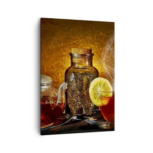 Impression sur toile - Image sur toile - Thé dans une carafe en verre avec du citron et du thé en vrac - 50x70cm - Dans le style des maîtres hollandais - Décoration murale moderne pour le salon et la chambre ARTTOR
