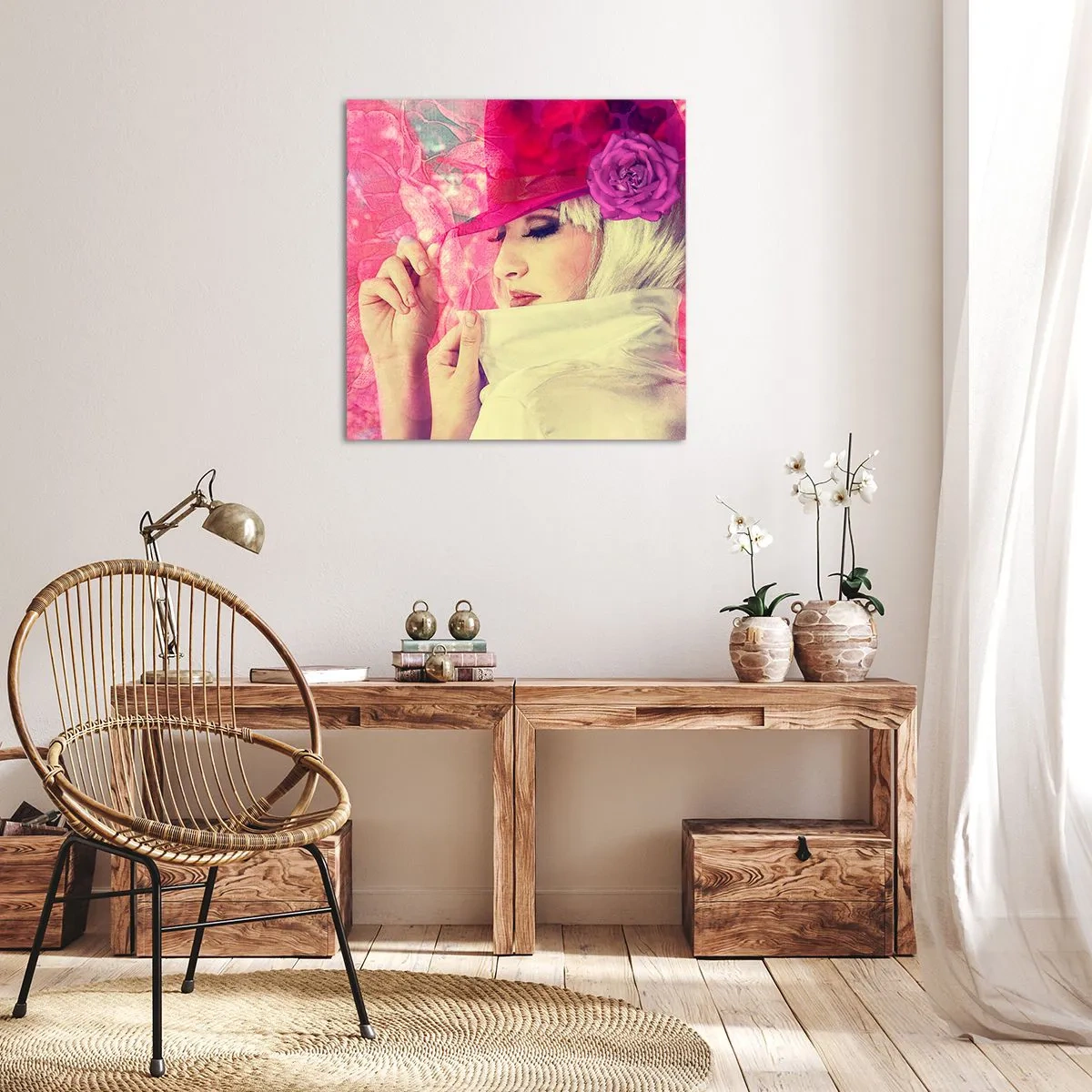 Impression sur toile - Image sur toile - Portrait rétro dans une brume rose - 70x70 cm